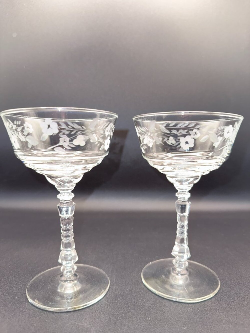 2 CHAMPAGNE/TALL SHERBET 6-1/8" Libbey Rock Sharpe Halifax #3005 1940s Vtg MCM